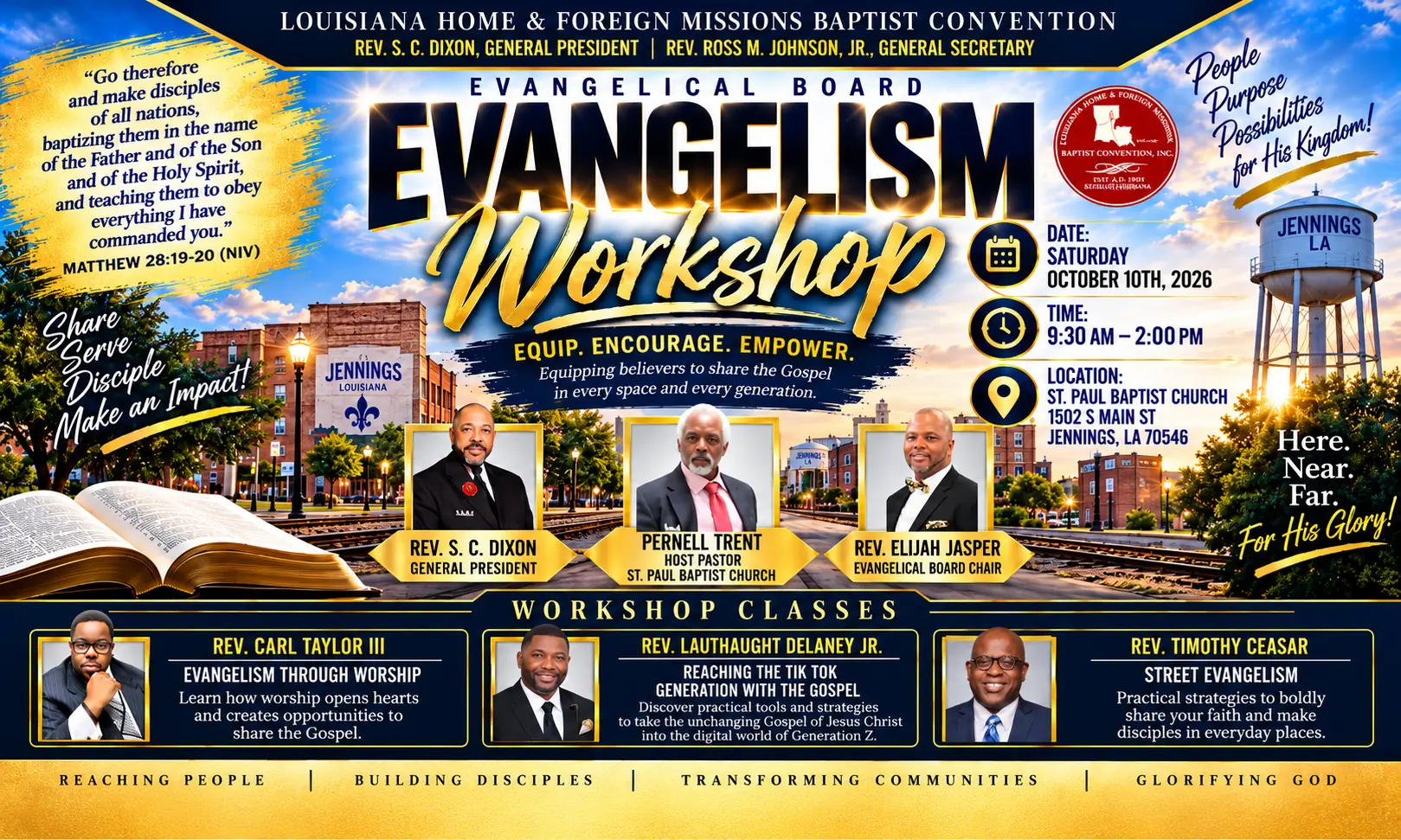 Evangelism Workshop flyer from the Louisiana Home & Foreign Missions Baptist Convention Evangelical Board, Rev. S. C. Dixon, General President, and Rev. Ross M. Johnson Jr., General Secretary. Equip. Encourage. Empower. Saturday, October 10, 2026, 9:30 AM to 2:00 PM at St. Paul Baptist Church, 1502 S Main St, Jennings, LA 70546. Featuring Rev. S. C. Dixon, General President; Pernell Trent, Host Pastor of St. Paul Baptist Church; and Rev. Elijah Jasper, Evangelical Board Chair. Workshop classes: Rev. Carl Taylor III, Evangelism Through Worship; Rev. Lauthaught Delaney Jr., Reaching the TikTok Generation with the Gospel; Rev. Timothy Ceasar, Street Evangelism. Includes Matthew 28:19-20 and the convention seal.