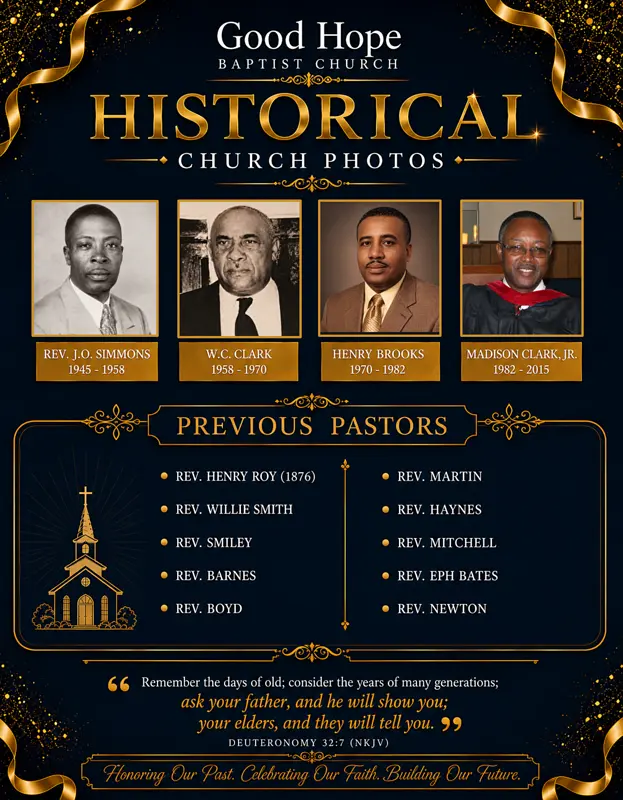 Commemorative poster titled Historical Church Photos showing portraits of four previous pastors and a list of earlier pastors